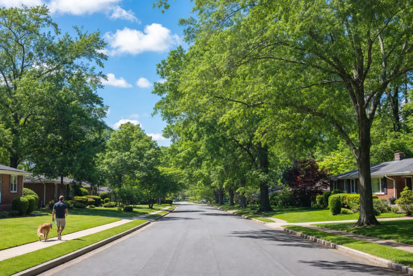 A southwest Atlanta street where mature oak branches meet overhead in a green tunnel, with brick ranch houses on either side.