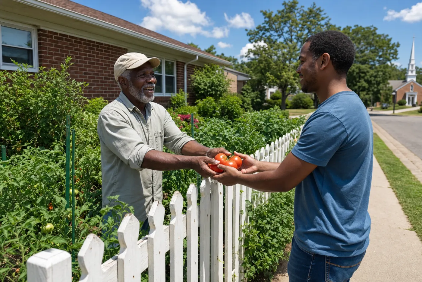 An older gardener handing ripe tomatoes over a picket fence to a neighbor, with a church steeple down the street.